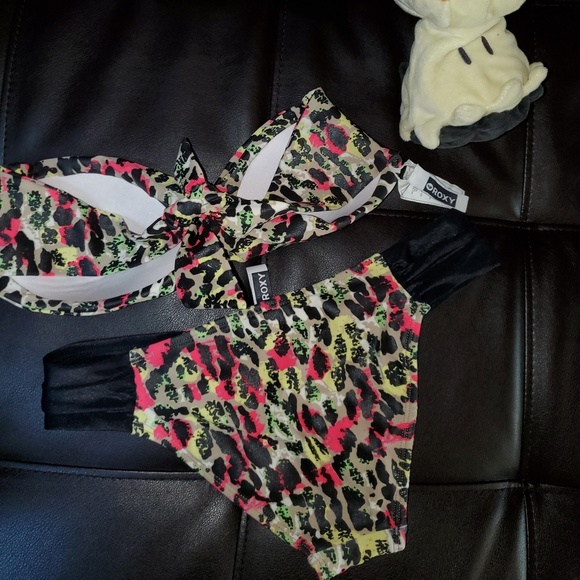Roxy Neon Cheetah Print Bandeau Bikini Swimsuit - Picture 2 of 5